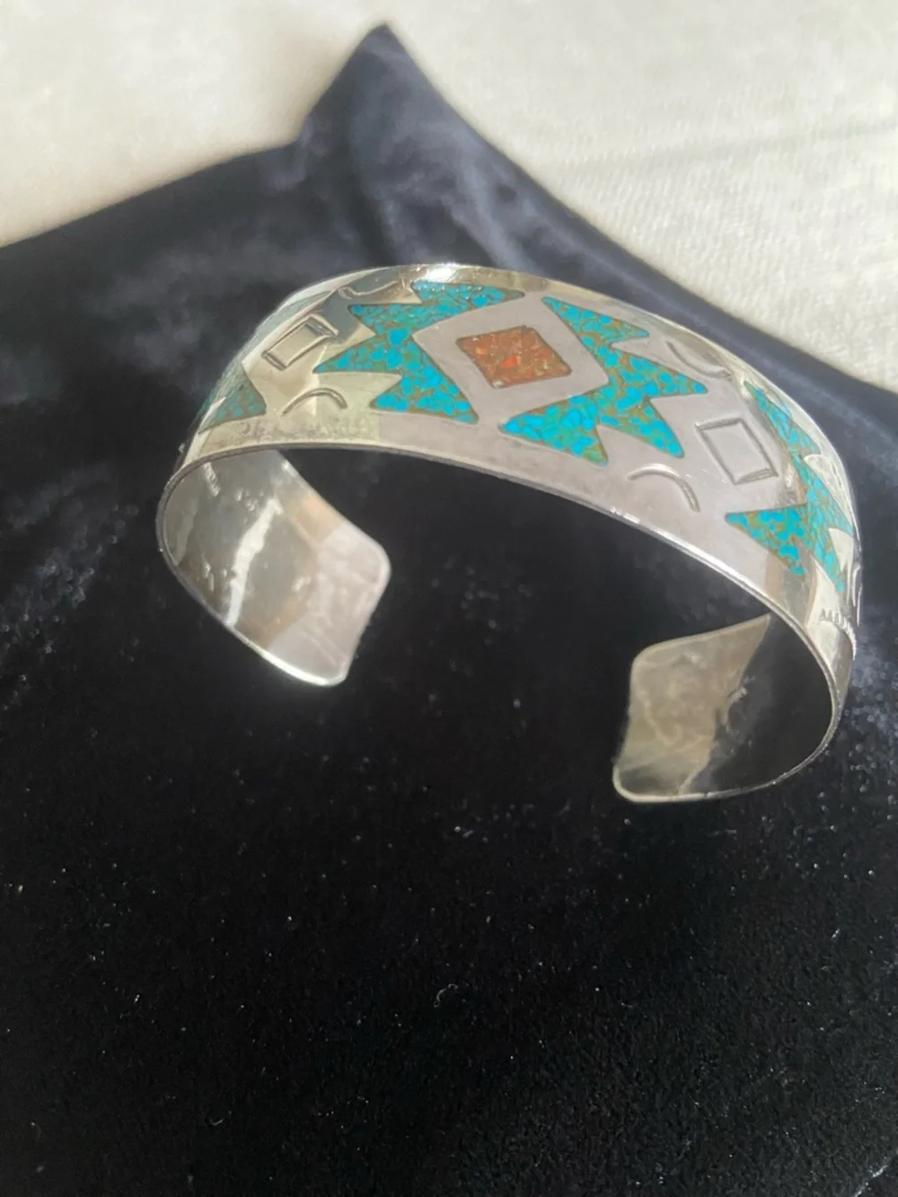 Turquoise and Corral Inlay Sterling Silver Cuff Bracelet, Native American - Picture 3 of 14